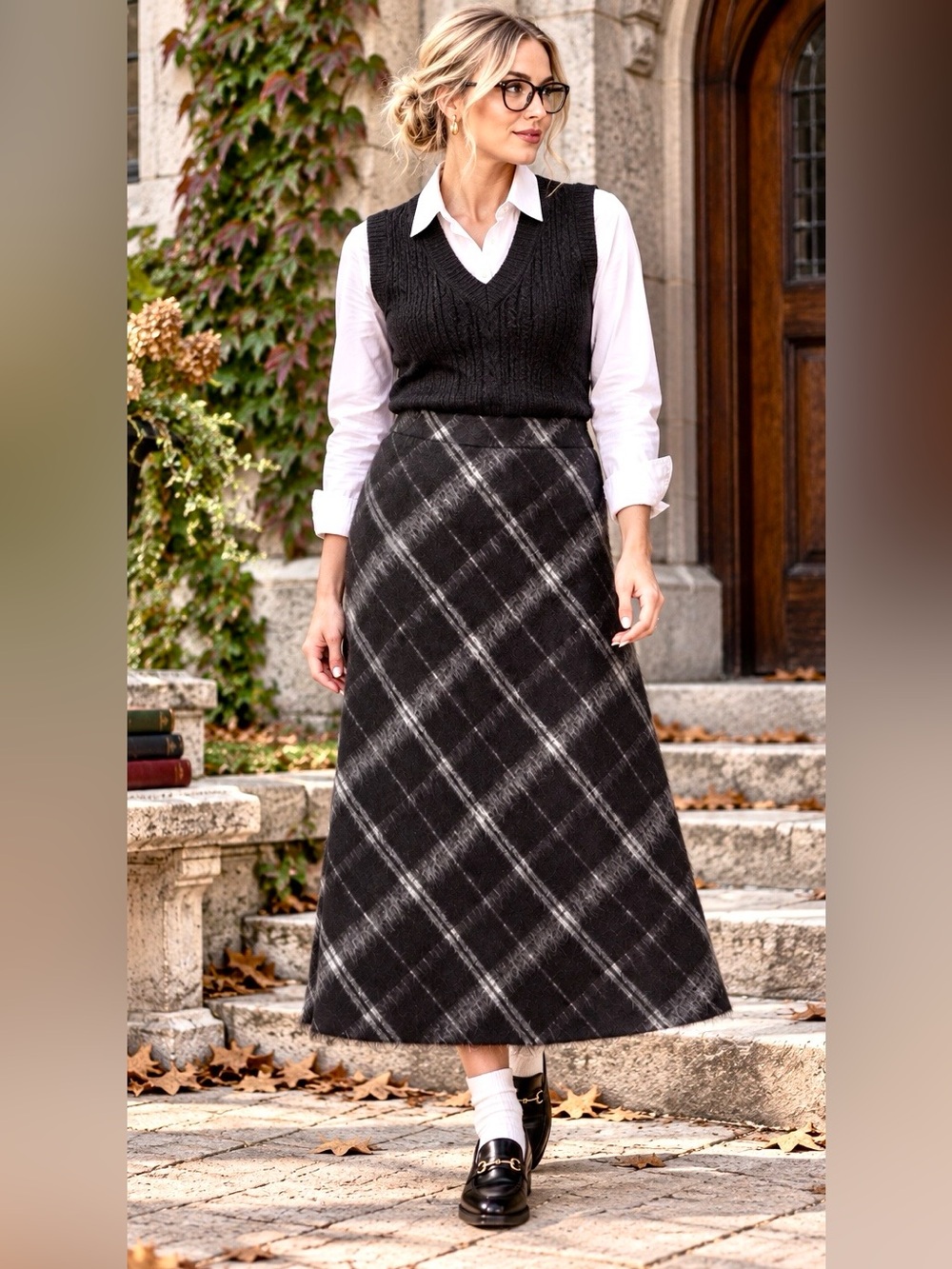Vintage Anne Klein Mohair Wool Plaid A-Line Midi Skirt Women’s 12